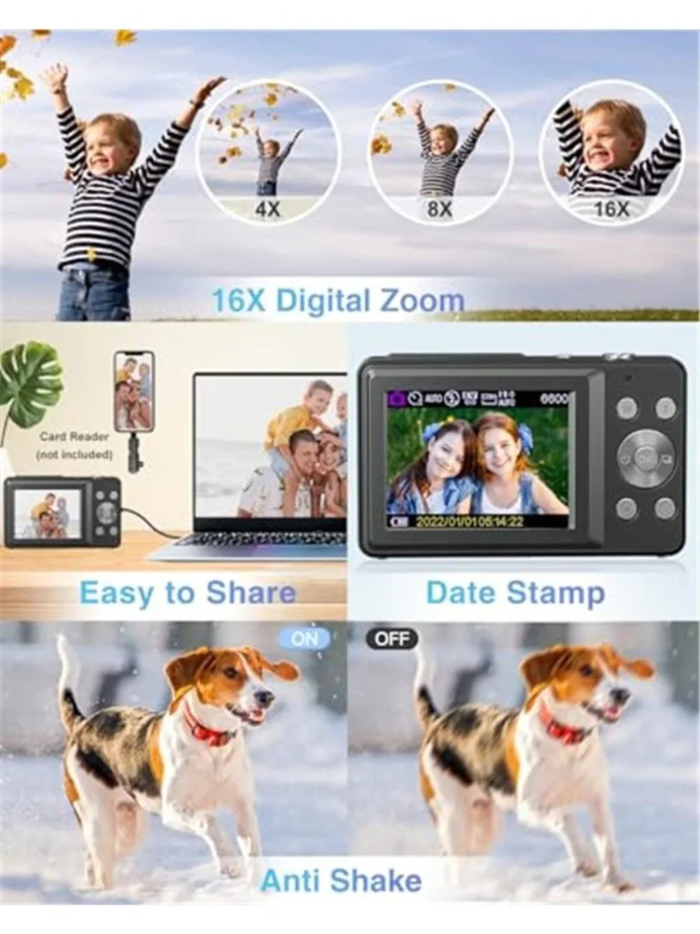 Digital Camera FHD 1080P Point and Shoot Camera with 16X Zoom Anti Shake 32GB